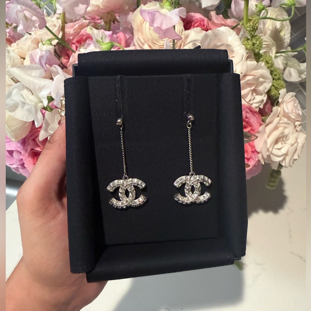 CHANEL Silver and White Logo Earrings